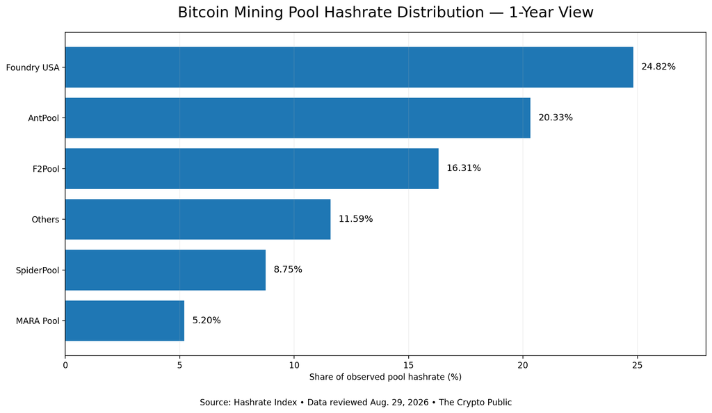 Bitcoin mining pool hashrate distribution over a one-year period
