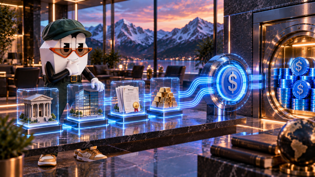 TCP mascot reviewing tokenized financial assets connected to dollar liquidity through an institutional onchain credit market.
