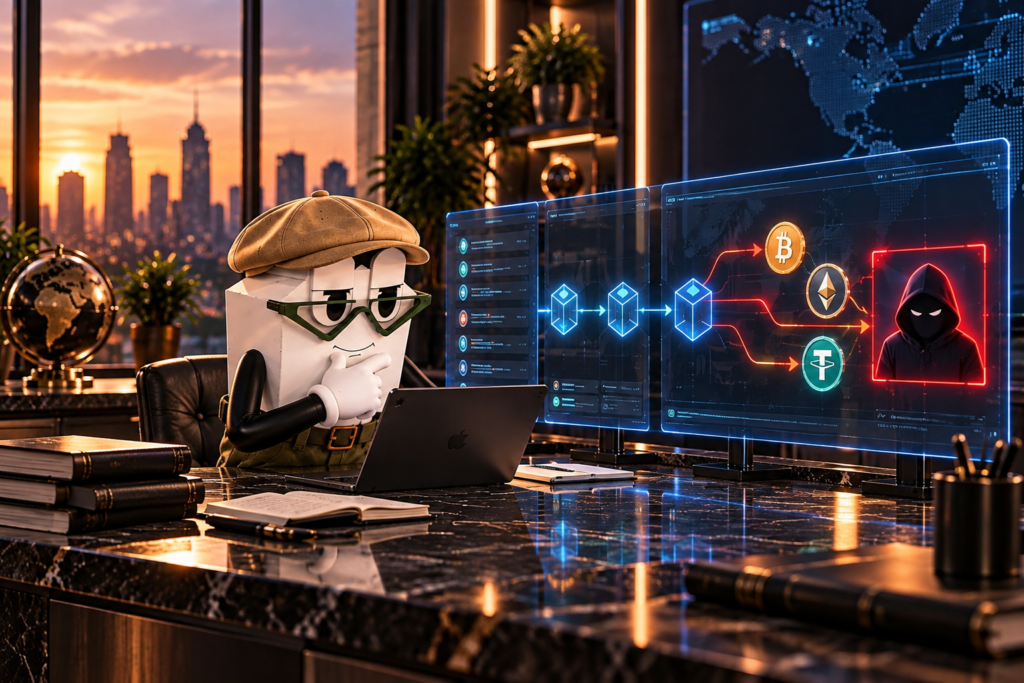 TCP mascot analyzing a crypto wallet security incident and unauthorized fund flows
