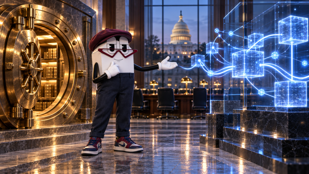 TCP mascot comparing a traditional bank vault with a digital asset settlement network