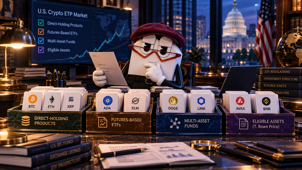 The Crypto Public mascot comparing direct-holding crypto products, futures ETFs, multi-asset funds and eligible crypto assets