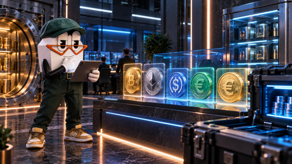 TCP mascot reviewing Bitcoin, Ether and stablecoin assets inside a secure institutional custody environment.