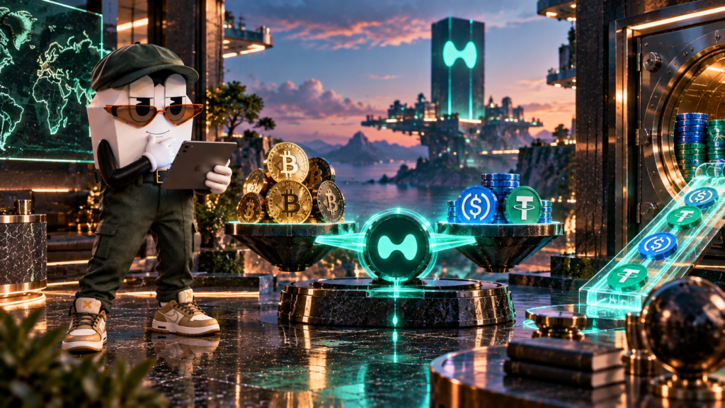 TCP mascot reviewing Bitcoin collateral and stablecoin liquidity in Hyperliquid's native borrowing system