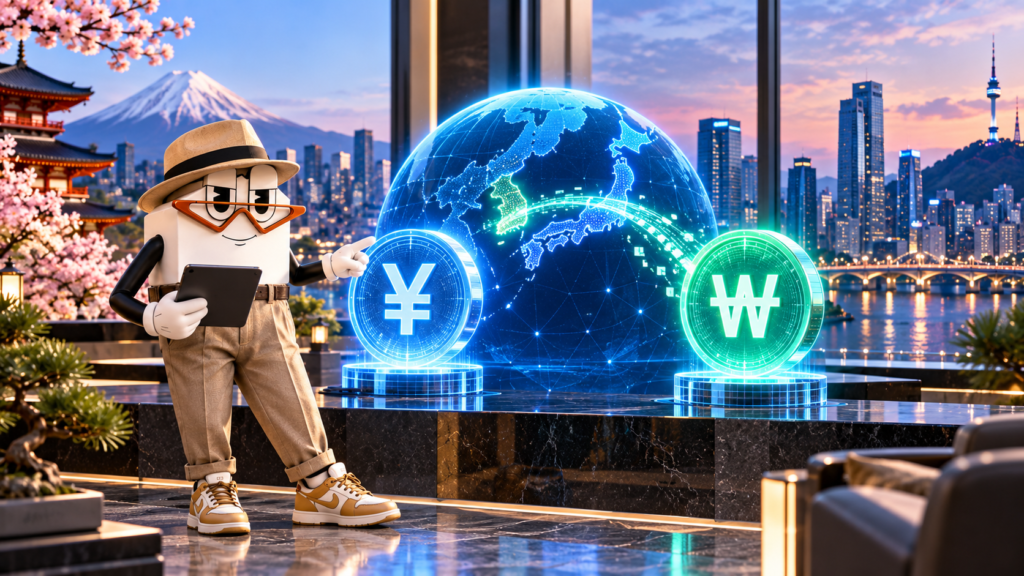 TCP mascot visualizing institutional tokenized settlement between Japan and South Korea