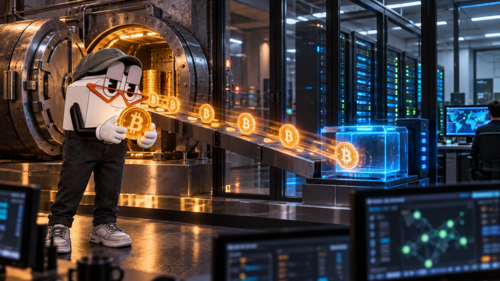 TCP mascot holding Bitcoin beside a vault as Bitcoin moves toward server infrastructure in a security-focused data center.