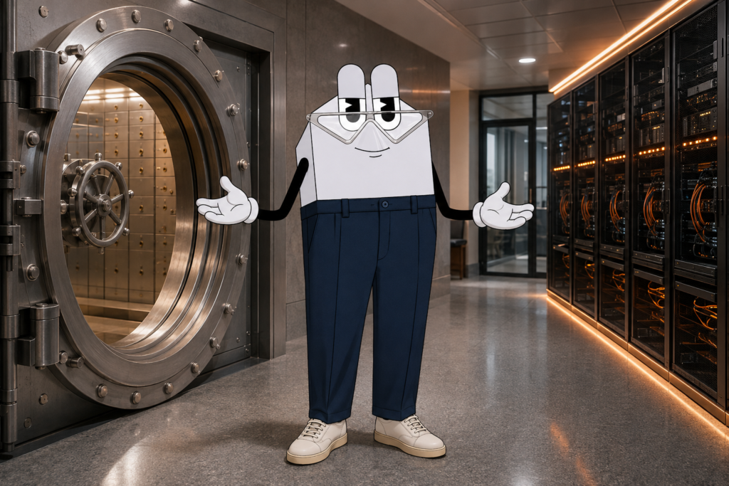 TCP character between a traditional bank vault and secure settlement servers illustrating tokenized deposits and onchain banking