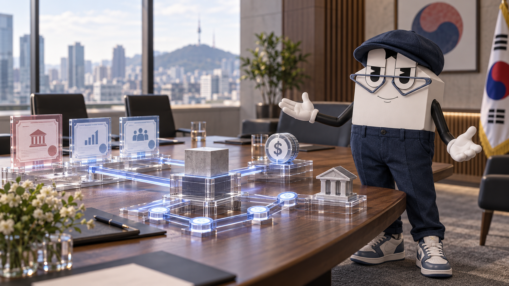 TCP mascot beside an abstract model of securities settlement and on-chain payment infrastructure