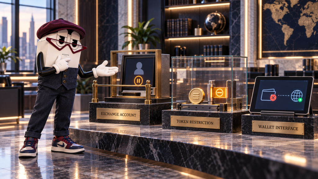 The Crypto Public mascot comparing an exchange account restriction, a token transfer restriction, and a wallet interface problem.