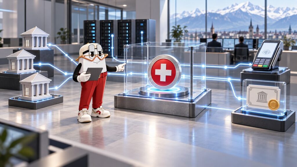 The Crypto Public mascot explaining a CHF stablecoin settlement flow between banks, payment terminals and tokenized assets.