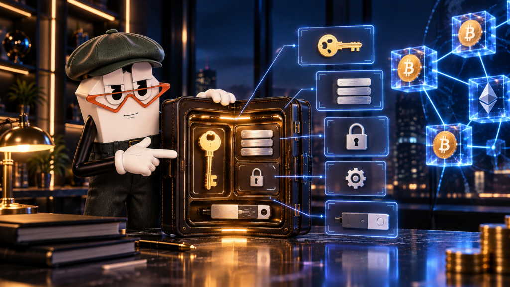 The Crypto Public mascot explaining what a crypto wallet stores, including keys, security data and signing tools