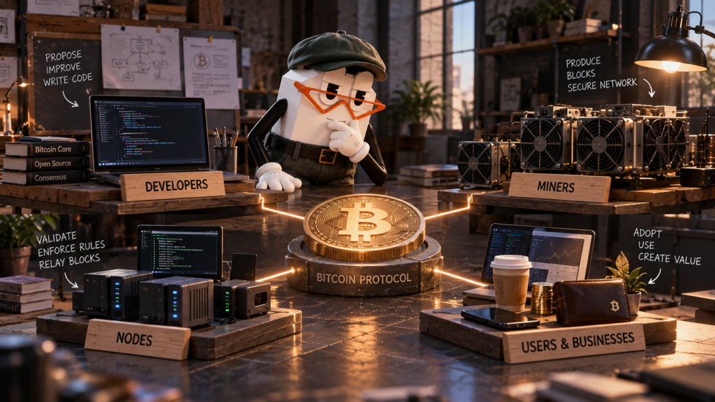 Bitcoin power structure showing developers, miners, nodes, users and businesses around the protocol
