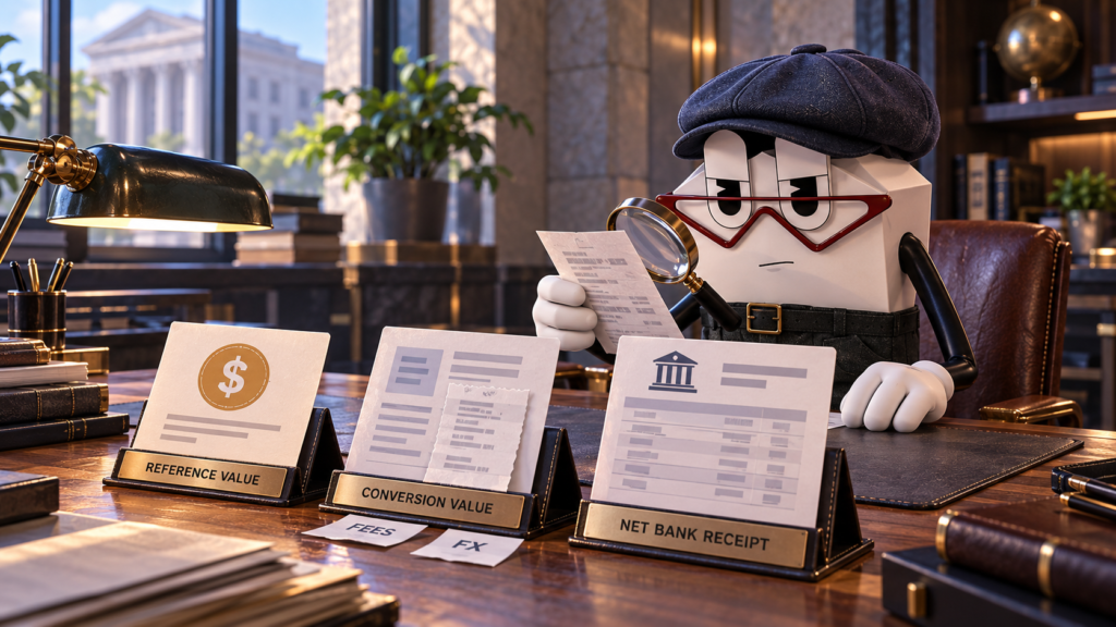 The Crypto Public mascot examining documents representing reference value, conversion value, and net bank receipt, with fee and foreign-exchange slips.
