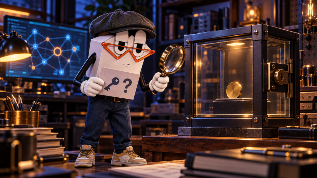 The Crypto Public mascot inspecting a token inside a closed glass case while holding a card with a key and question mark.
